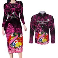 Presonalised Tonga Breast Cancer Awareness Couples Matching Long Sleeve Bodycon Dress and Long Sleeve Button Shirts Pink Ribbon Brave Strong Warrior Tongan Ngatu Pattern - Wonder Print Shop