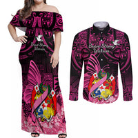 Presonalised Tonga Breast Cancer Awareness Couples Matching Off Shoulder Maxi Dress and Long Sleeve Button Shirts Pink Ribbon Brave Strong Warrior Tongan Ngatu Pattern - Wonder Print Shop