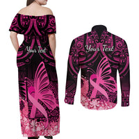 Presonalised Tonga Breast Cancer Awareness Couples Matching Off Shoulder Maxi Dress and Long Sleeve Button Shirts Pink Ribbon Brave Strong Warrior Tongan Ngatu Pattern - Wonder Print Shop