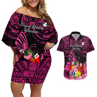 Presonalised Tonga Breast Cancer Awareness Couples Matching Off Shoulder Short Dress and Hawaiian Shirt Pink Ribbon Brave Strong Warrior Tongan Ngatu Pattern - Wonder Print Shop
