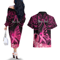 Presonalised Tonga Breast Cancer Awareness Couples Matching Off The Shoulder Long Sleeve Dress and Hawaiian Shirt Pink Ribbon Brave Strong Warrior Tongan Ngatu Pattern - Wonder Print Shop