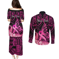 Presonalised Tonga Breast Cancer Awareness Couples Matching Puletasi Dress and Long Sleeve Button Shirts Pink Ribbon Brave Strong Warrior Tongan Ngatu Pattern - Wonder Print Shop