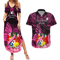 Presonalised Tonga Breast Cancer Awareness Couples Matching Summer Maxi Dress and Hawaiian Shirt Pink Ribbon Brave Strong Warrior Tongan Ngatu Pattern - Wonder Print Shop