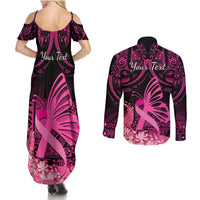 Presonalised Tonga Breast Cancer Awareness Couples Matching Summer Maxi Dress and Long Sleeve Button Shirts Pink Ribbon Brave Strong Warrior Tongan Ngatu Pattern - Wonder Print Shop