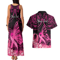 Presonalised Tonga Breast Cancer Awareness Couples Matching Tank Maxi Dress and Hawaiian Shirt Pink Ribbon Brave Strong Warrior Tongan Ngatu Pattern - Wonder Print Shop