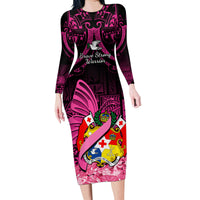 Presonalised Tonga Breast Cancer Awareness Family Matching Long Sleeve Bodycon Dress and Hawaiian Shirt Pink Ribbon Brave Strong Warrior Tongan Ngatu Pattern - Wonder Print Shop