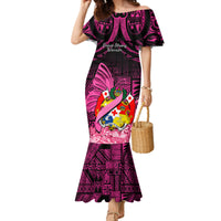 Presonalised Tonga Breast Cancer Awareness Family Matching Mermaid Dress and Hawaiian Shirt Pink Ribbon Brave Strong Warrior Tongan Ngatu Pattern - Wonder Print Shop