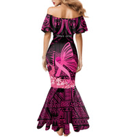 Presonalised Tonga Breast Cancer Awareness Family Matching Mermaid Dress and Hawaiian Shirt Pink Ribbon Brave Strong Warrior Tongan Ngatu Pattern - Wonder Print Shop