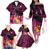 Presonalised Tonga Breast Cancer Awareness Family Matching Off Shoulder Long Sleeve Dress and Hawaiian Shirt Pink Ribbon Brave Strong Warrior Tongan Ngatu Pattern - Wonder Print Shop