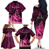 Presonalised Tonga Breast Cancer Awareness Family Matching Off Shoulder Long Sleeve Dress and Hawaiian Shirt Pink Ribbon Brave Strong Warrior Tongan Ngatu Pattern - Wonder Print Shop