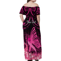 Presonalised Tonga Breast Cancer Awareness Family Matching Off Shoulder Maxi Dress and Hawaiian Shirt Pink Ribbon Brave Strong Warrior Tongan Ngatu Pattern - Wonder Print Shop