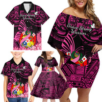 Presonalised Tonga Breast Cancer Awareness Family Matching Off Shoulder Short Dress and Hawaiian Shirt Pink Ribbon Brave Strong Warrior Tongan Ngatu Pattern - Wonder Print Shop