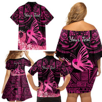 Presonalised Tonga Breast Cancer Awareness Family Matching Off Shoulder Short Dress and Hawaiian Shirt Pink Ribbon Brave Strong Warrior Tongan Ngatu Pattern - Wonder Print Shop