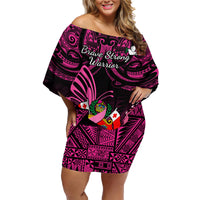 Presonalised Tonga Breast Cancer Awareness Family Matching Off Shoulder Short Dress and Hawaiian Shirt Pink Ribbon Brave Strong Warrior Tongan Ngatu Pattern - Wonder Print Shop