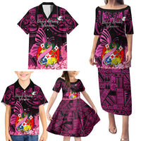Presonalised Tonga Breast Cancer Awareness Family Matching Puletasi Dress and Hawaiian Shirt Pink Ribbon Brave Strong Warrior Tongan Ngatu Pattern - Wonder Print Shop