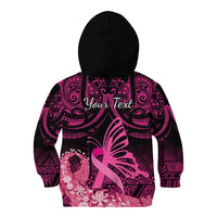 Presonalised Tonga Breast Cancer Awareness Kid Hoodie Pink Ribbon Brave Strong Warrior Tongan Ngatu Pattern - Wonder Print Shop