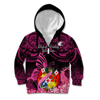 Presonalised Tonga Breast Cancer Awareness Kid Hoodie Pink Ribbon Brave Strong Warrior Tongan Ngatu Pattern - Wonder Print Shop