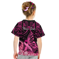 Presonalised Tonga Breast Cancer Awareness Kid T Shirt Pink Ribbon Brave Strong Warrior Tongan Ngatu Pattern - Wonder Print Shop