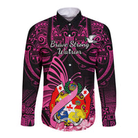 Presonalised Tonga Breast Cancer Awareness Long Sleeve Button Shirt Pink Ribbon Brave Strong Warrior Tongan Ngatu Pattern - Wonder Print Shop