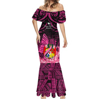 Presonalised Tonga Breast Cancer Awareness Mermaid Dress Pink Ribbon Brave Strong Warrior Tongan Ngatu Pattern - Wonder Print Shop