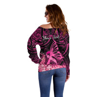 Presonalised Tonga Breast Cancer Awareness Off Shoulder Sweater Pink Ribbon Brave Strong Warrior Tongan Ngatu Pattern - Wonder Print Shop