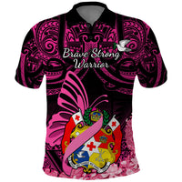 Presonalised Tonga Breast Cancer Awareness Polo Shirt Pink Ribbon Brave Strong Warrior Tongan Ngatu Pattern - Wonder Print Shop