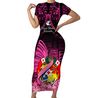 Presonalised Tonga Breast Cancer Awareness Short Sleeve Bodycon Dress Pink Ribbon Brave Strong Warrior Tongan Ngatu Pattern - Wonder Print Shop