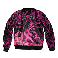 Presonalised Tonga Breast Cancer Awareness Sleeve Zip Bomber Jacket Pink Ribbon Brave Strong Warrior Tongan Ngatu Pattern - Wonder Print Shop