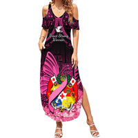 Presonalised Tonga Breast Cancer Awareness Summer Maxi Dress Pink Ribbon Brave Strong Warrior Tongan Ngatu Pattern - Wonder Print Shop