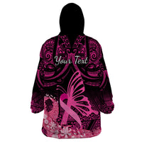 Presonalised Tonga Breast Cancer Awareness Wearable Blanket Hoodie Pink Ribbon Brave Strong Warrior Tongan Ngatu Pattern - Wonder Print Shop