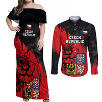 Czech Republic Independence Day Couples Matching Off Shoulder Maxi Dress and Long Sleeve Button Shirts Coat Of Arms With Czechia Rosa - Wonder Print Shop