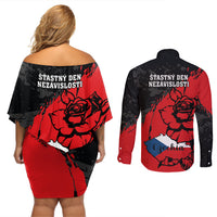 Czech Republic Independence Day Couples Matching Off Shoulder Short Dress and Long Sleeve Button Shirts Coat Of Arms With Czechia Rosa - Wonder Print Shop