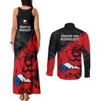 Czech Republic Independence Day Couples Matching Tank Maxi Dress and Long Sleeve Button Shirts Coat Of Arms With Czechia Rosa - Wonder Print Shop