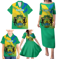 Gabon Family Matching Puletasi Dress and Hawaiian Shirt Coat Of Arms With Flag Gradient Style - Wonder Print Shop