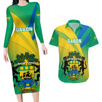 Presonalised Gabon Couples Matching Long Sleeve Bodycon Dress and Hawaiian Shirt Coat Of Arms With Flag Gradient Style - Wonder Print Shop