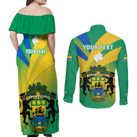 Presonalised Gabon Couples Matching Off Shoulder Maxi Dress and Long Sleeve Button Shirts Coat Of Arms With Flag Gradient Style - Wonder Print Shop