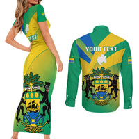Presonalised Gabon Couples Matching Short Sleeve Bodycon Dress and Long Sleeve Button Shirts Coat Of Arms With Flag Gradient Style - Wonder Print Shop