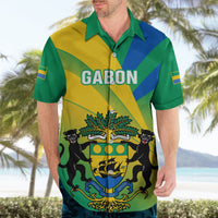 Green Hawaiian shirt with Gabon front print, short sleeves, open collar, button placket