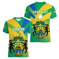 Presonalised Gabon Women V Neck T Shirt Coat Of Arms With Flag Gradient Style - Wonder Print Shop