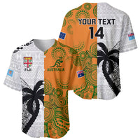 Custom Fiji And Australia Rugby Baseball Jersey 2023 World Cup Aboriginal Mix Tapa Pattern - Wonder Print Shop
