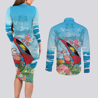 Personalized Antigua and Barbuda Christmas Couples Matching Long Sleeve Bodycon Dress and Long Sleeve Button Shirt Windsurfing Santa Caribbean Tropical Style - Wonder Print Shop