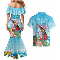 Personalized Antigua and Barbuda Christmas Couples Matching Mermaid Dress and Hawaiian Shirt Windsurfing Santa Caribbean Tropical Style - Wonder Print Shop