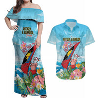 Personalized Antigua and Barbuda Christmas Couples Matching Off Shoulder Maxi Dress and Hawaiian Shirt Windsurfing Santa Caribbean Tropical Style - Wonder Print Shop