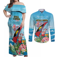 Personalized Antigua and Barbuda Christmas Couples Matching Off Shoulder Maxi Dress and Long Sleeve Button Shirt Windsurfing Santa Caribbean Tropical Style - Wonder Print Shop