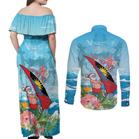 Personalized Antigua and Barbuda Christmas Couples Matching Off Shoulder Maxi Dress and Long Sleeve Button Shirt Windsurfing Santa Caribbean Tropical Style - Wonder Print Shop