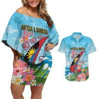 Personalized Antigua and Barbuda Christmas Couples Matching Off Shoulder Short Dress and Hawaiian Shirt Windsurfing Santa Caribbean Tropical Style - Wonder Print Shop