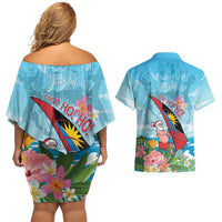 Personalized Antigua and Barbuda Christmas Couples Matching Off Shoulder Short Dress and Hawaiian Shirt Windsurfing Santa Caribbean Tropical Style - Wonder Print Shop
