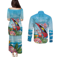Personalized Antigua and Barbuda Christmas Couples Matching Puletasi and Long Sleeve Button Shirt Windsurfing Santa Caribbean Tropical Style - Wonder Print Shop