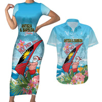 Personalized Antigua and Barbuda Christmas Couples Matching Short Sleeve Bodycon Dress and Hawaiian Shirt Windsurfing Santa Caribbean Tropical Style - Wonder Print Shop