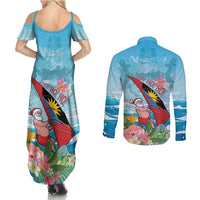 Personalized Antigua and Barbuda Christmas Couples Matching Summer Maxi Dress and Long Sleeve Button Shirt Windsurfing Santa Caribbean Tropical Style - Wonder Print Shop